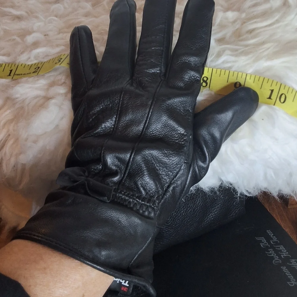 Vintage Black Leather Ladylike Bow Gloves M/L